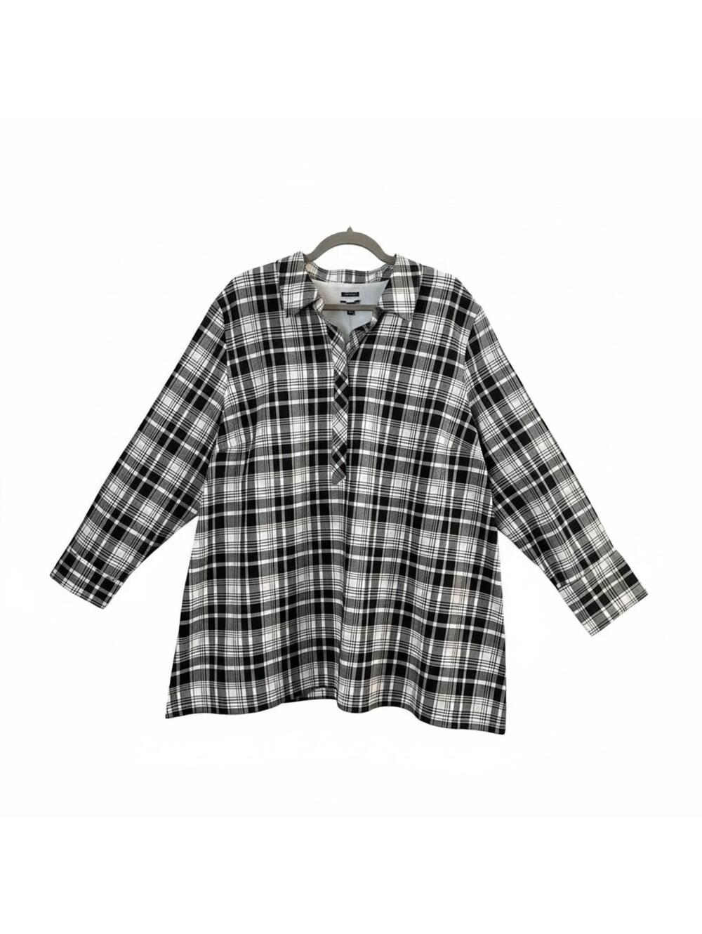 Talbots Woman 24W Plaid Button Front Tunic Top Black White Red NWT